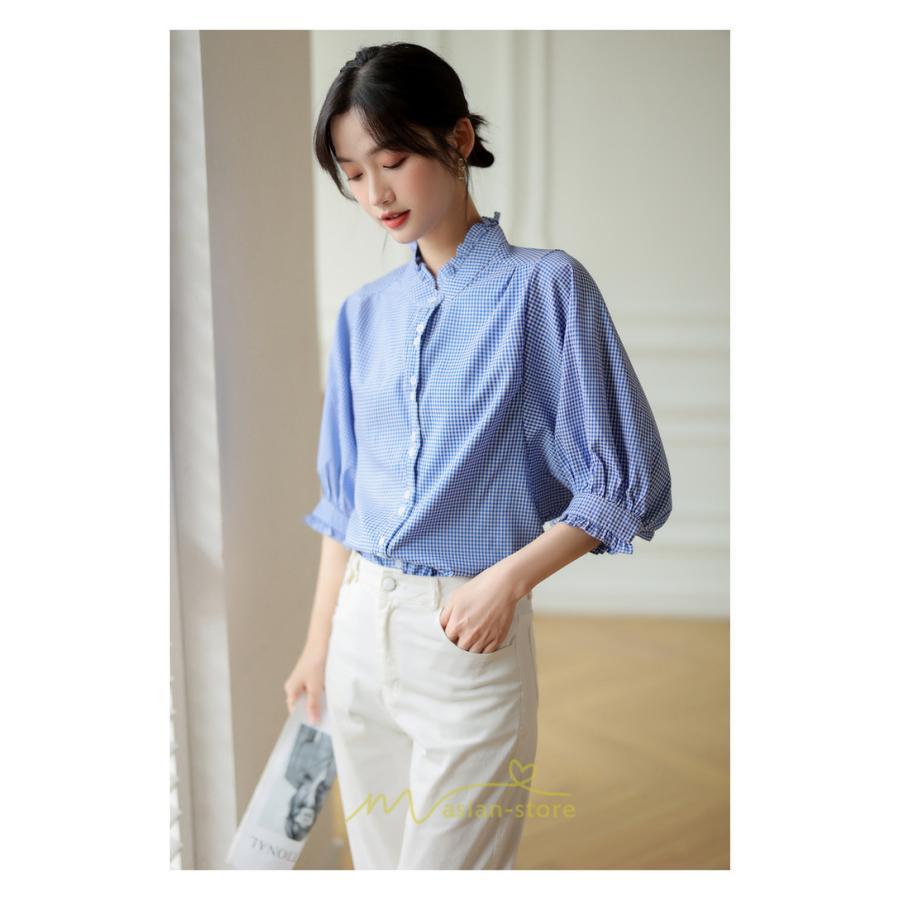 シャツ・ブラウス | ブラウス コットン 七分袖 レディース 青 入学式 入園式 卒業式 卒園式 フォーマル 結婚式 ママ 着痩せ 華奢見え OL お仕事 20代30代40代 通勤 新作 ビジネス