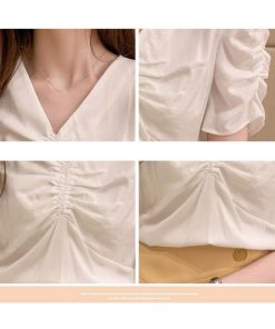 シャツ・ブラウス | シャツ ブラウス レディース バルーンスリーブ 半袖ブラウス Vネック トップス ファッション 無地 シャーリング サマー 通学 通勤 着痩せ 着回し 2020夏新作
