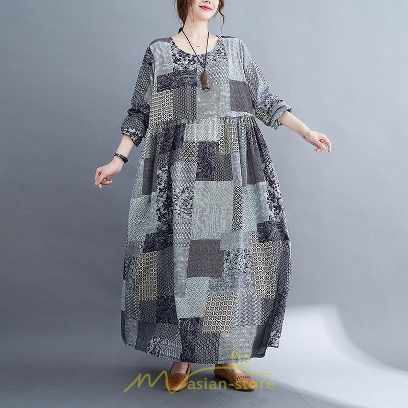 マキシ | 長袖ワンピース 秋物 レディース ロングワンピース チェック 夏 30代40代 大人 秋ワンピース 新作 ワンピース ゆったり 広い裾 Aラインワンピ 可愛い 旅行