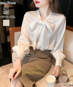 シャツ・ブラウス | ボウタイ リボン ブラウス　シャツ　リボンシャツ レディース 長袖 白 トップス 無地 大人 女性 ビジネス 入学式　卒業式　ママ 着回し 通勤 通学 カジュアル