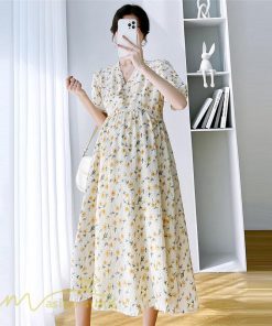 ワンピース | マタニティレディース 着痩せ 小花柄 Vネック マタニティ Aライン 夏新作 ひざ丈 韓国風 半袖 カジュアル 妊婦服 マタニティウェア