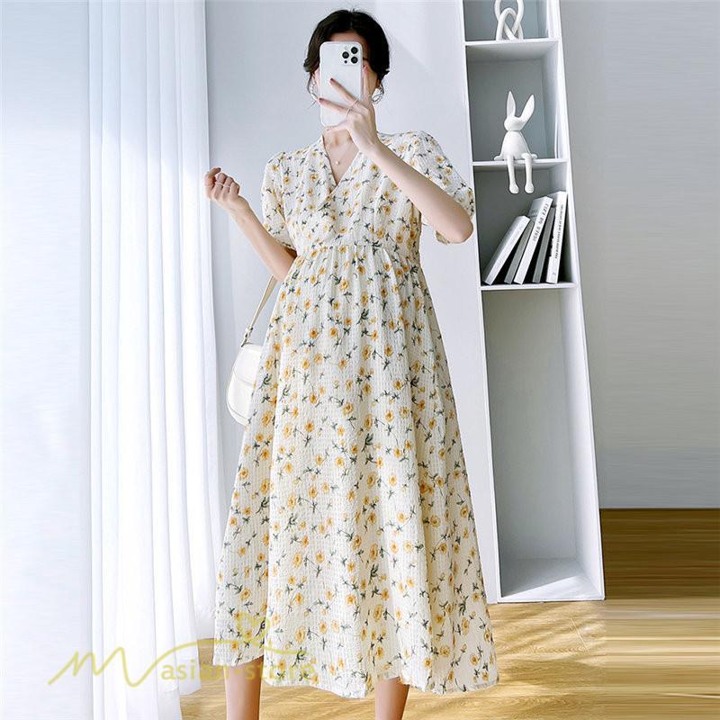 ワンピース | マタニティレディース 着痩せ 小花柄 Vネック マタニティ Aライン 夏新作 ひざ丈 韓国風 半袖 カジュアル 妊婦服 マタニティウェア