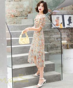 ミディアム | ワンピース Aライン レディース サマーワンピース 花柄 フレア 上品 シフォン 薄手 夏 新作 カジュアル 大人 着痩せ 裾口スリット 上品 おでかえk きれいめ