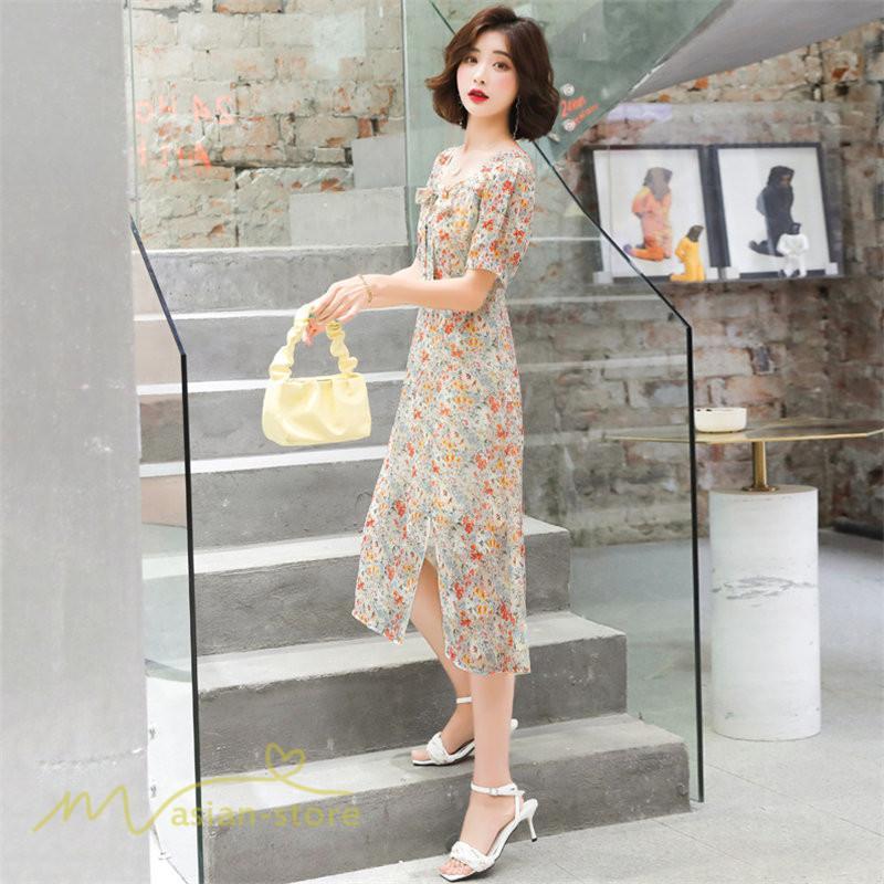 ミディアム | ワンピース Aライン レディース サマーワンピース 花柄 フレア 上品 シフォン 薄手 夏 新作 カジュアル 大人 着痩せ 裾口スリット 上品 おでかえk きれいめ