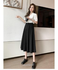 スカート | ロングAラインミモレ丈 フリル高見え ハイウエスト 秋冬 無地 ゆったり キレイめ 通勤 お出かけ デート 通学 着痩せ