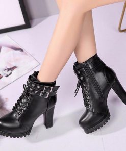 ショートブーツ | ブーツ 厚底シューズ ラウンドトゥ チャンキーヒール レースアップ サイドファスナー ハイヒール 厚底ブーツ レディース 黒ブーツ 25cm