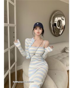 カーディガン | ニットワンピース リブニット トップス キャミワンピース ボーダー ニット 長袖 タイト ニットワンピース スリム セクシー 20代