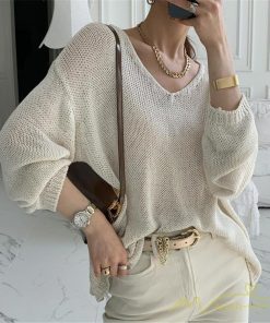 ニット・セーター | ニット サマーニット レディース トップス カットソー ニットソー Vネック 透かし編み 長袖 クルーネック Tシャツ ゆる 薄手 Tシャツ カジュアル リラックス