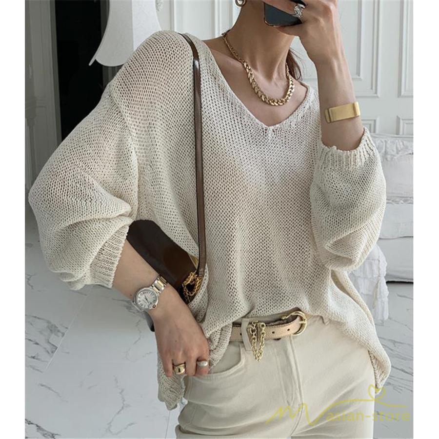 ニット・セーター | ニット サマーニット レディース トップス カットソー ニットソー Vネック 透かし編み 長袖 クルーネック Tシャツ ゆる 薄手 Tシャツ カジュアル リラックス