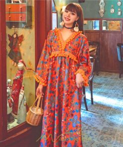 マキシ | ワンピース 長袖 ゆったり 夏秋 レディース 個性的 マキシ丈 楽ちん 体型カバー エスニック 着痩せ 赤 青 オレンジ レトロ 高品質 民族風 20代30代40代 旅行 海