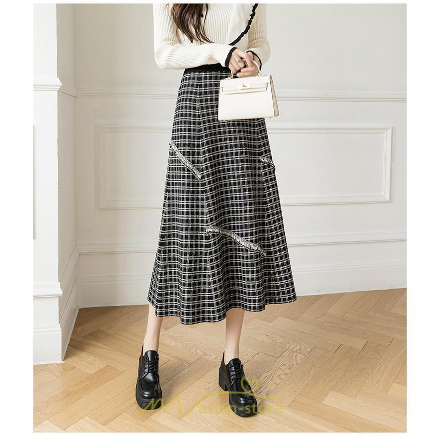 スカート | ロングチェック柄 ニット きれいめ レディース ロング丈 女子会 デート 20代 30代 40代 50代 秋 あったか お出かけ 冬 フレア 高見え 細見え