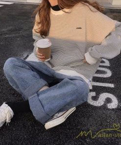 パーカー | フェイクレイヤード風トレーナー レディース ゆったりシルエット 切替 長袖 トップス フードなしボーダー ロングTシャツ サイドスリット入れ