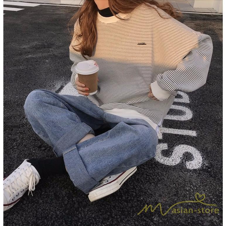 パーカー | フェイクレイヤード風トレーナー レディース ゆったりシルエット 切替 長袖 トップス フードなしボーダー ロングTシャツ サイドスリット入れ