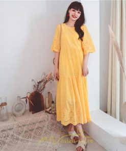 マキシ | ワンピース レース 丸首 刺繍 ロングワンピース レディース 夏秋 結婚式 きれいめ フォーマル 大人 上品 綿麻 白 黄色 コットン ピンク かわいい リネン