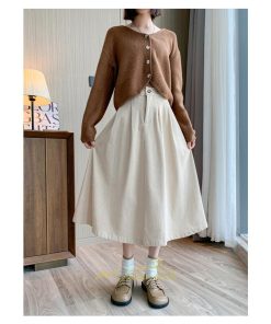 スカート | コーデュロイ台形秋冬 Aライン バッグゴム サイドポケット リブ 広い裾幅 通学通勤 オフィス ミモレ丈 可愛い ロング丈 低身長