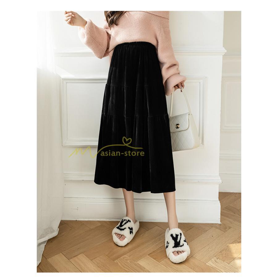 スカート | ロングティアードAラインミモレ丈 フレアビロードウエストゴム ハイウエスト 秋冬 無地 ゆったり