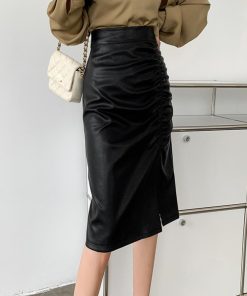 ひざ丈スカート | フェイクレザー タイトスカート スリット