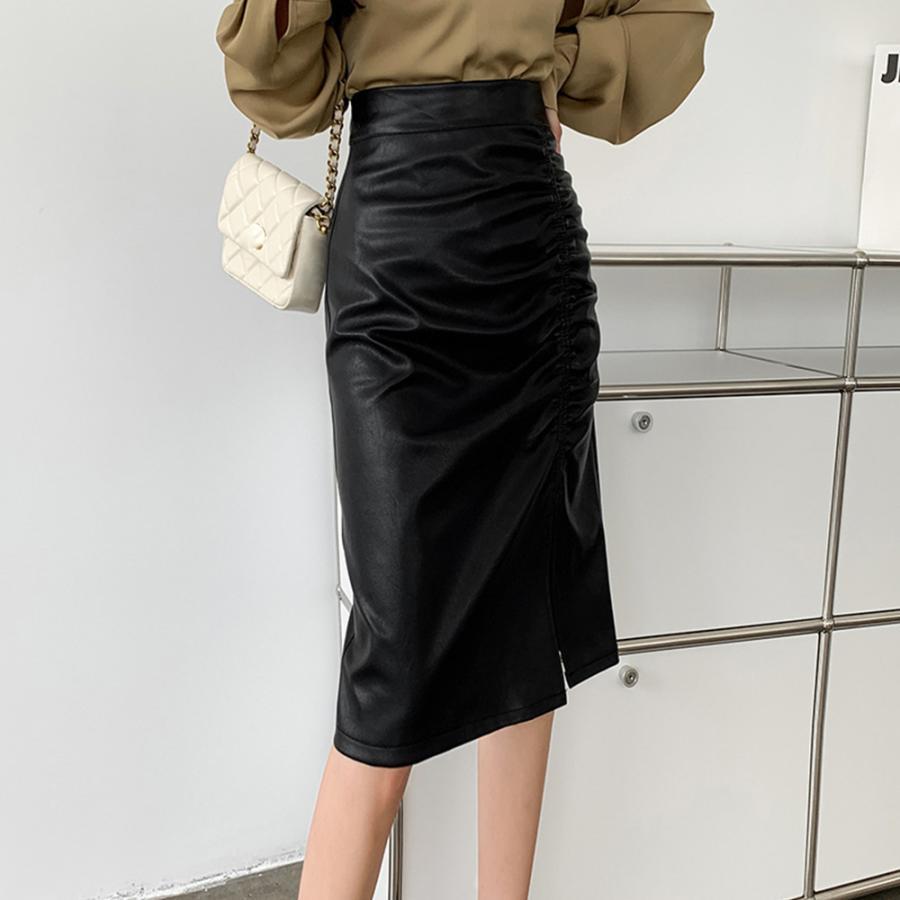 ひざ丈スカート | フェイクレザー タイトスカート スリット