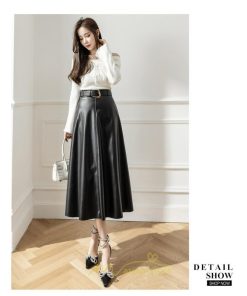 スカート | レザーフレアロング レディース ベルト付き ボトムス ロングAライン ミモレ丈 かっこいい 着痩せ キレイめ スリット