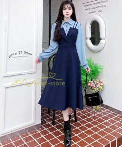 マキシ | ロングワンピース 秋物 レディース ミモレ丈 Aラインワンピース 切り替え フェイク レイヤード風 重ね着風 シャツカラー お呼ばれワンピース 30代40代 着やせ