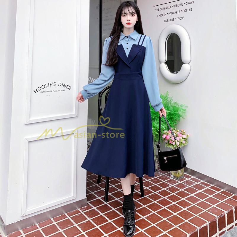 マキシ | ロングワンピース 秋物 レディース ミモレ丈 Aラインワンピース 切り替え フェイク レイヤード風 重ね着風 シャツカラー お呼ばれワンピース 30代40代 着やせ