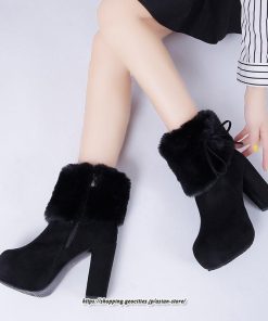 ブーツ | ショートレディース ハイヒール 10cmヒール 厚底 冬用 保温防寒 スエード調 ファー 靴 冬靴 太めヒール シューズ サイドジッパー 痛くない