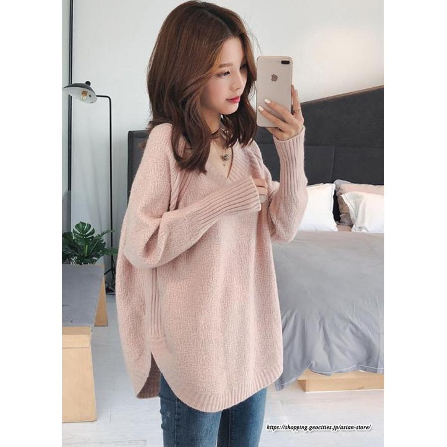 ニット・セーター | ニット レディース 秋 秋服 トップス セーター 秋服コーデ 長袖 Vネック オフィスカジュアル プルオーバー ゆったり 大きめ ラウンドヘム模様編みニット 冬服