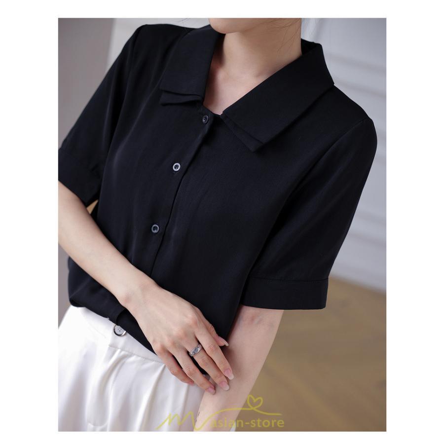 シャツ・ブラウス | トップス ブラウス 半袖 シャツ レディース オフィス フォーマル 白 黒 開襟 二重襟 バブルスリーブ 着痩せ フランス風 仕事服 クラシック 無地 通勤 大人 上品