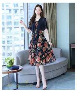 ミディアム | ワンピース レディース 花柄 着痩せ きれいめ おしゃれ 夏 サマーワンピース 膝丈 大きいサイズ 通勤 肩マント ミディアムワンピース お出かけ 気質 二点セット