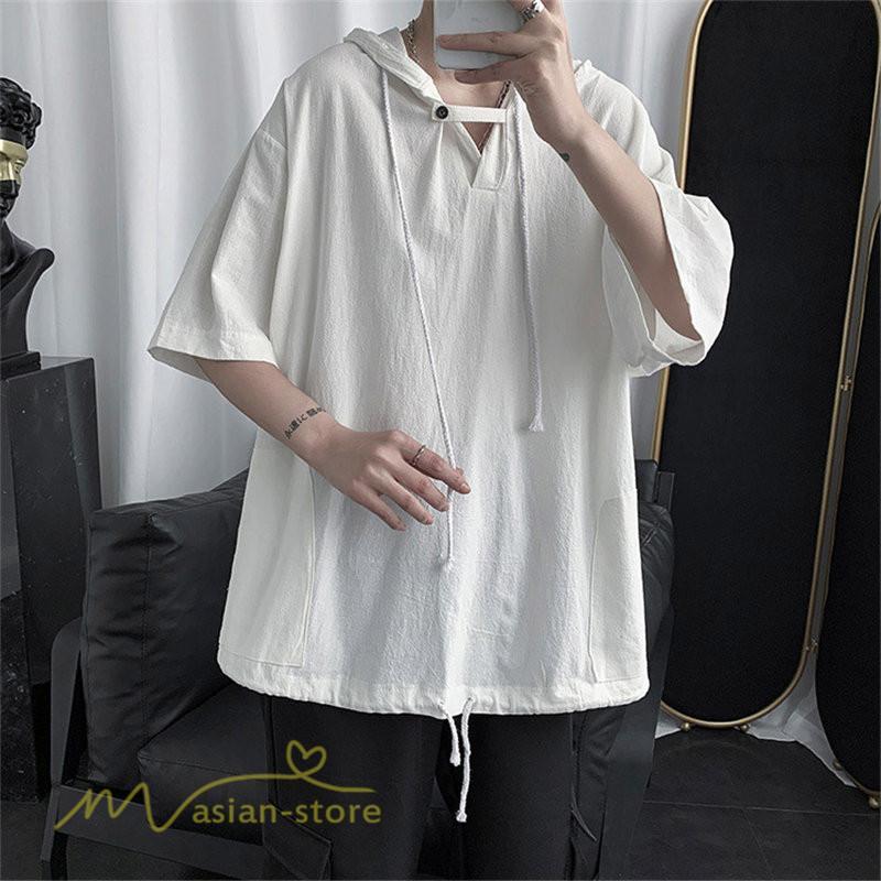 Tシャツ | トップス メンズ カットソー パーカー フード付き カジュアル 無地 7分丈 ゆったり 大きいサイズ 20代 30代 夏新作 ルームウェア 体型カバー シンプル