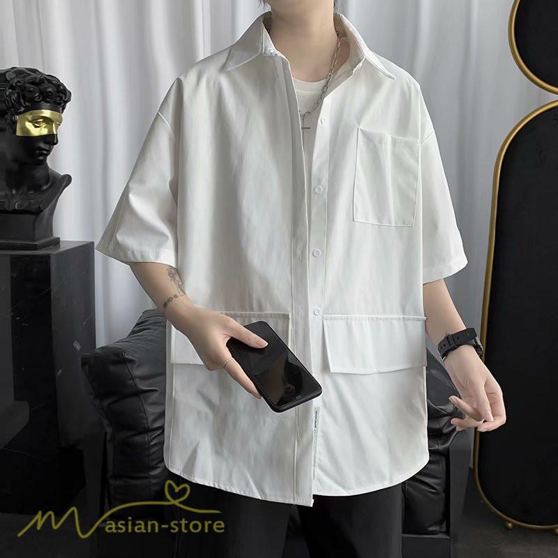 シャツ | メンズ 半袖 トップス ワイドTゆったり 無地 ライトアウター 着回し 夏新作 コーデ 白黒細身 通勤通学 XXL 日常感 大きいサイズ