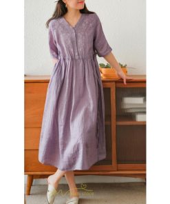 ミディアム | ワンピース レディース 夏新作 半袖 五分袖 ミモレ丈 刺繍 無地 Aラインワンピース ギャザー ゆったり Vネック ウエストリボン付き 調整可 40代 綿麻 30代