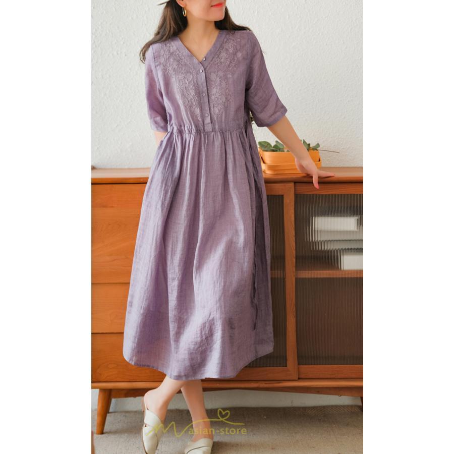 ミディアム | ワンピース レディース 夏新作 半袖 五分袖 ミモレ丈 刺繍 無地 Aラインワンピース ギャザー ゆったり Vネック ウエストリボン付き 調整可 40代 綿麻 30代