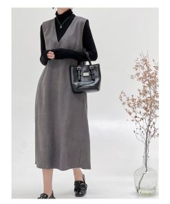 マキシ | ワンピース ジャンパースカート ジャンスカ 深Vネック ロングワンピース Vネック スリット入りロングワンピース ノースリーブ 30代40代 オフィス 大人