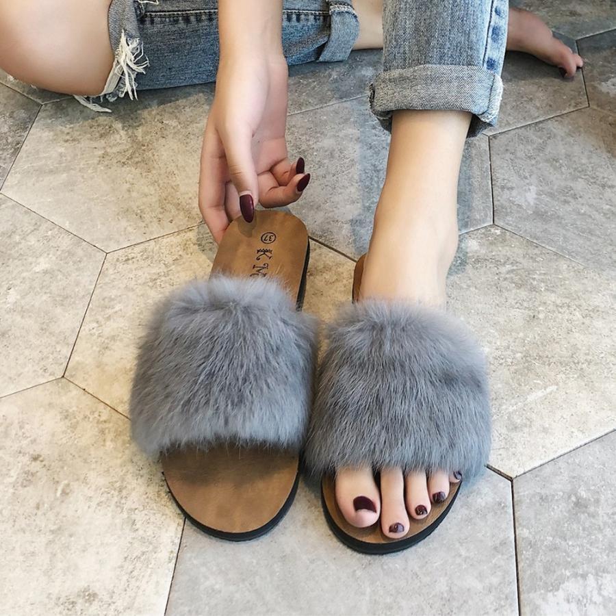 サンダル | ファーレディースミュール ぺたんこ スリッパ 韓国