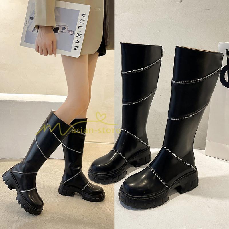 ロングブーツ | レディース ブーツ 秋冬 シューズ 靴 太ヒール チャンキーヒール 合皮ブーツ PUブーツ ロング靴 COS コスプレ 大人 後ろファスナー くつ