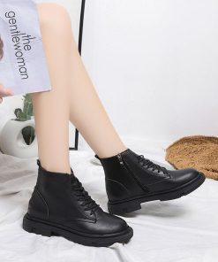 ショートブーツ | ラウンドトゥレディース サイドファスナー レースアップ 厚底シューズ 滑り止めソール チャンキーヒール 太ヒール シューズ ブーツ 厚底 黒