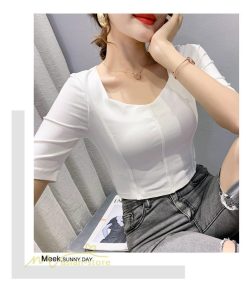 ｔシャツ・カットソー | Tシャツ Tシャツ レディース カットソー 着痩せ 5分袖 着回し 人気 スクエアネック ストレッチ 無地 ショート丈 細身 カジュアルトップス 着痩せ サマー きれい