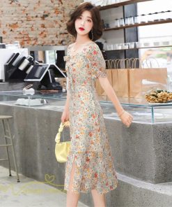 ミディアム | ワンピース Aライン レディース サマーワンピース 花柄 フレア 上品 シフォン 薄手 夏 新作 カジュアル 大人 着痩せ 裾口スリット 上品 おでかえk きれいめ