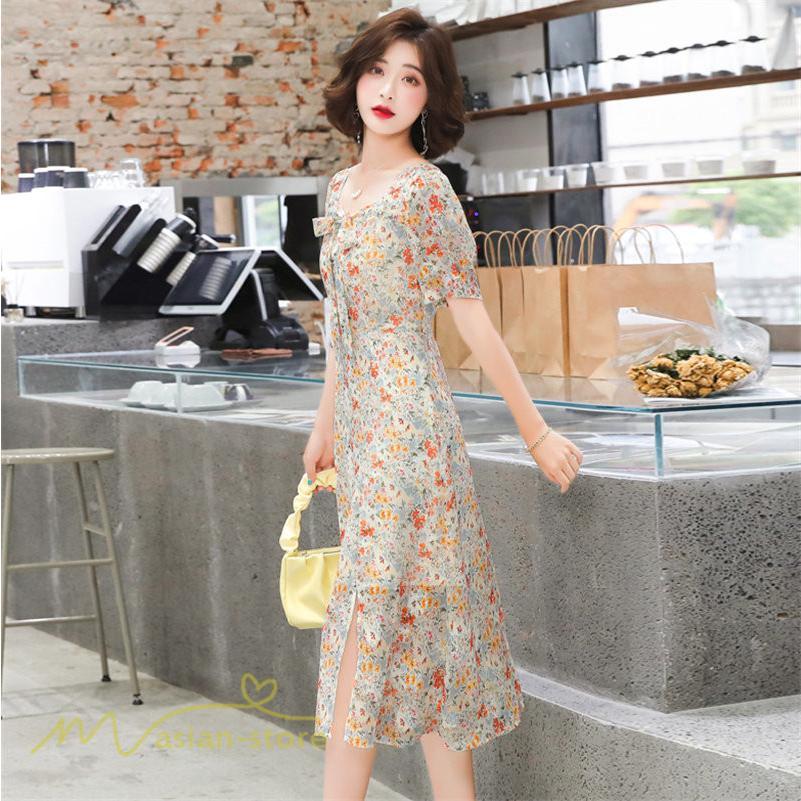 ミディアム | ワンピース Aライン レディース サマーワンピース 花柄 フレア 上品 シフォン 薄手 夏 新作 カジュアル 大人 着痩せ 裾口スリット 上品 おでかえk きれいめ