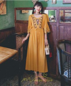 マキシ | ワンピース トップス ロング ロングワンピース 綿麻 夏秋 レディース 大人 おしゃれ シンプル ナチュラル カジュアル 刺繍 花柄 丸首 華やか 上品