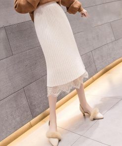タイトスカート | ストレッチ ミモレ丈 リブ編み リブニットスカート 暖か スリット 裾レース ボトムス ウエストゴム スカート ロングスカート