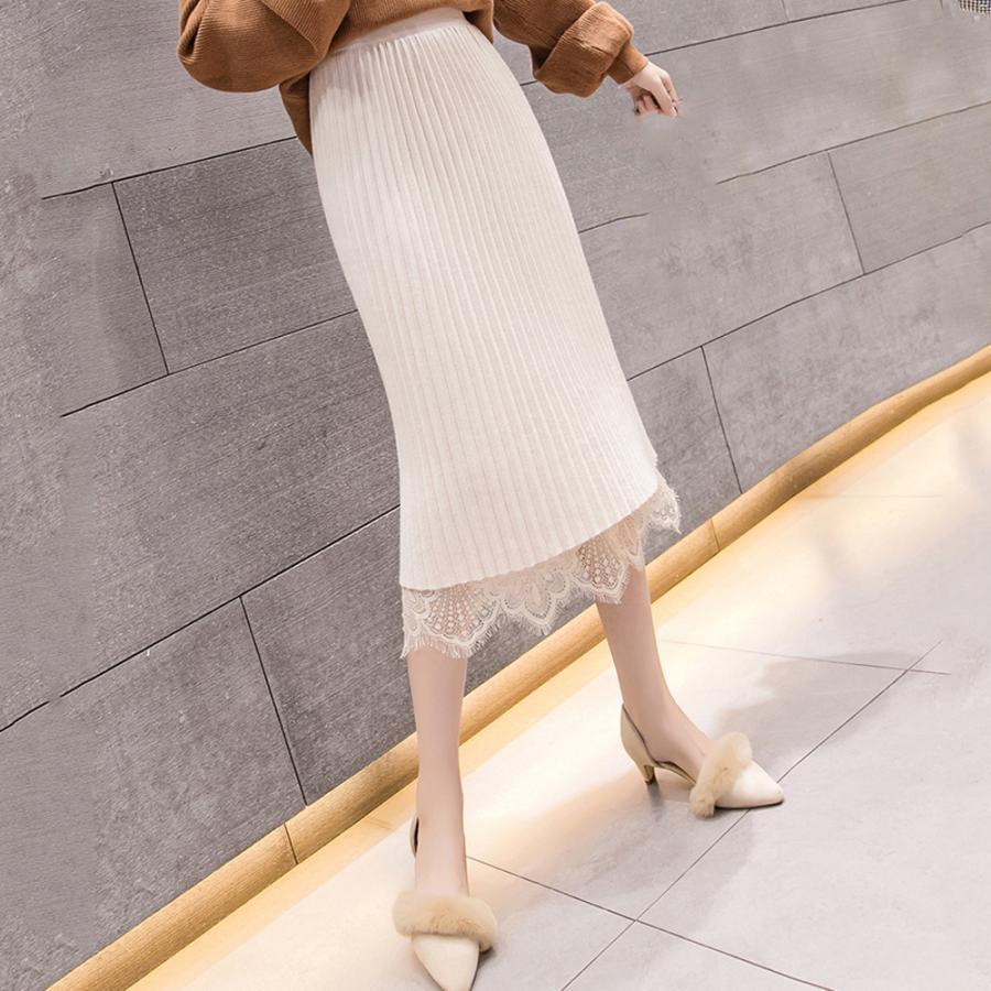 タイトスカート | ストレッチ ミモレ丈 リブ編み リブニットスカート 暖か スリット 裾レース ボトムス ウエストゴム スカート ロングスカート
