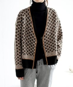 カーディガン | ニットトップス ニット長袖 幾何学柄 配色ダイス柄 羽織り アーガイル柄 春秋冬 ジャガードレディース