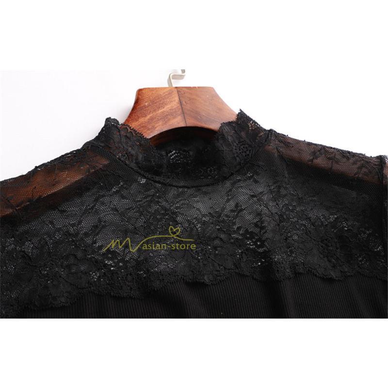 tシャツ・カットソー | カットソー レディース 長袖 春 シャツ 異素材 切り替え レース付き 透け感 20代30代40代50代 ハイネック インナー 着痩せ お出かけ カジュアル カシュクール