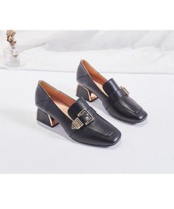 パンプス | スクエアトゥ チャンキーヒール ミドルヒール スリッポン レディース スリップオン シューズ 太ヒール ローファー 黒 22.5cm-25cm ブラック 30代