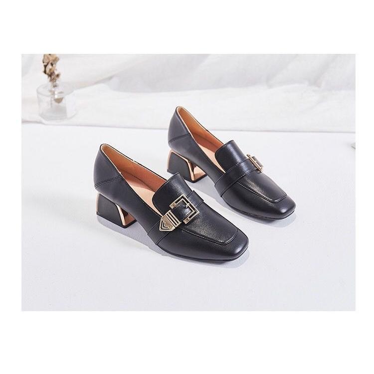 パンプス | スクエアトゥ チャンキーヒール ミドルヒール スリッポン レディース スリップオン シューズ 太ヒール ローファー 黒 22.5cm-25cm ブラック 30代