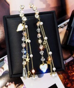 その他アクセサリー | ラインストーン ハートモチーフ パール 大人 ぶらさがり ビジューピアス チェーンピアス ロングピアス 大ぶり レディース