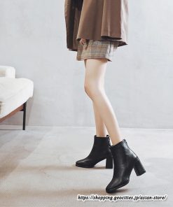 ショートブーツ | レディース 裏起毛あり 裏起毛なし スクエアトゥ ブーツ チャンキーヒール 太ヒール 後ろファスナー ミドルヒール 大人 靴 シューズ 黒ブーツ