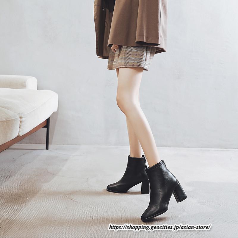 ショートブーツ | レディース 裏起毛あり 裏起毛なし スクエアトゥ ブーツ チャンキーヒール 太ヒール 後ろファスナー ミドルヒール 大人 靴 シューズ 黒ブーツ